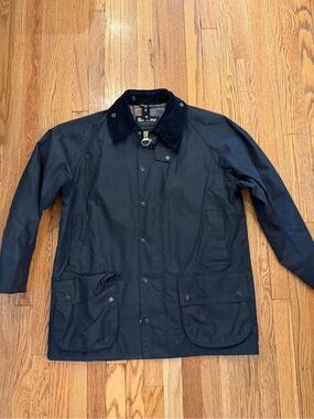 Barbour Men's Blue Waxed Cotton Jacket with Corduroy Collar Size 42